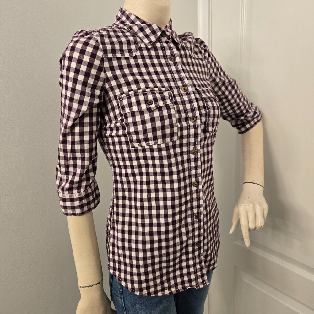 Garage Purple and white buffalo check plaid button up shirt, cotton